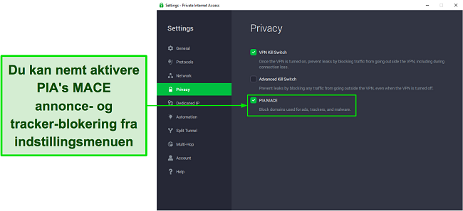 Skærmbillede, der viser, hvordan du slår PIAs MACE-funktion til fra indstillingsmenuen