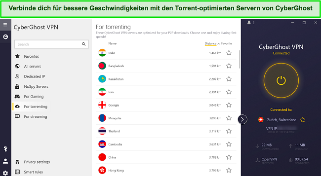 Screenshot der Windows-App von CyberGhost mit Torrent-optimierten Servern