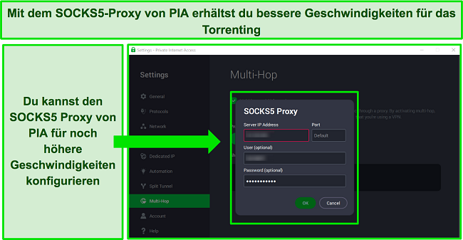 Screenshot der Benutzeroberfläche von PIA mit der SOCKS5-Proxy-Konfiguration