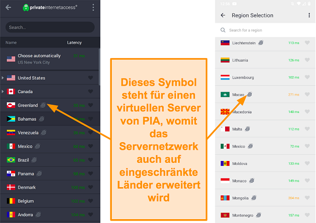 Screenshot des PIA-Desktop-Clients und der Android-Programme, der die geolokalisierten Server zeigt