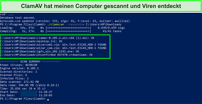 Screenshot der Ergebnisse des ClamAV-Scans