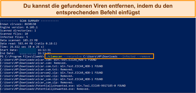 Screenshot mit dem ClamAV-Befehl zum Entfernen von Viren