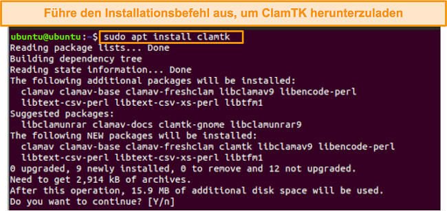 Screenshot des Installationsbefehls von ClamTK auf Ubuntu