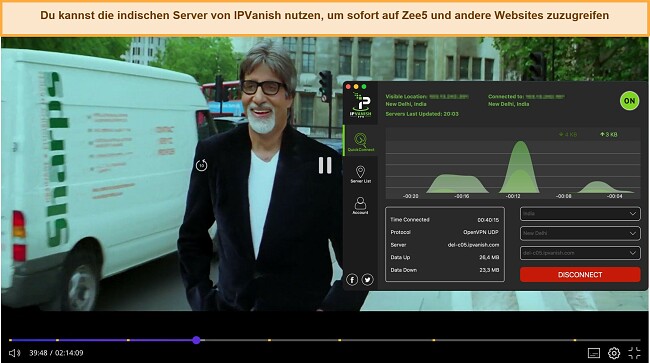 Screenshot von IPVanish, das Zee5 entsperrt