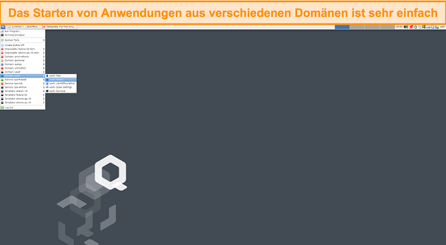 Screenshot, der das Startmenü von Qubes OS zeigt