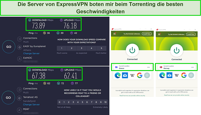 Screenshot der Download- und Upload-Geschwindigkeiten von ExpressVPN bei Verbindung mit Servern in Griechenland und Norwegen