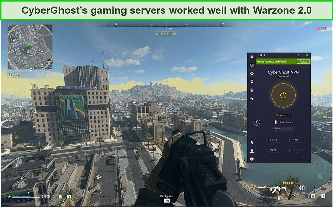Screenshot of CyberGhost VPN connected to a French server while playing Warzone 2.0