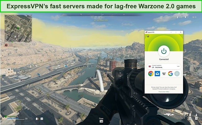 Screenshot of ExpressVPN connected to a UK server while playing Warzone 2.0