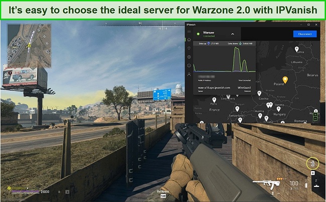 Screenshot of IPVanish connected to a Polish server while playing Warzone 2.0
