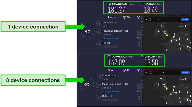 Screenshots of speed tests showing the speed difference with 1 device connected to a UK IPVanish server and 8 devices connected