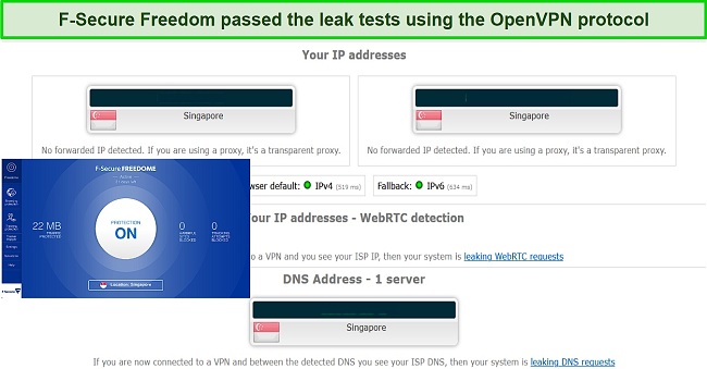 Screenshot of IP leak test result while using F-Secure Freedome