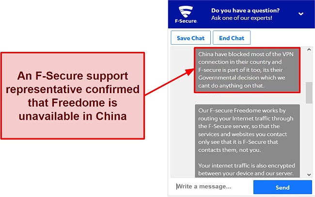 Screenshot showing Freedome VPN doesn't work in China