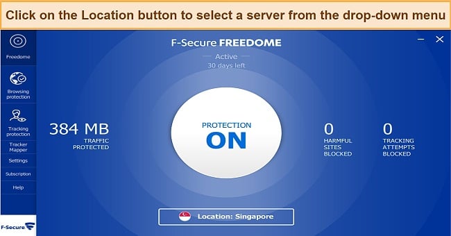 Screenshot of the connection interface of F-Secure Freedome