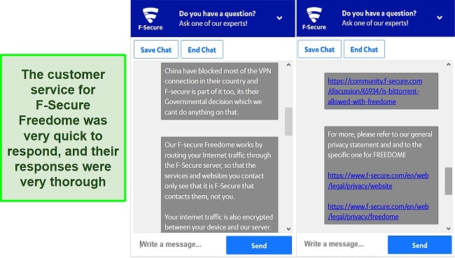 Screenshot of my live chat conversation with F-Secure Freedome's customer support