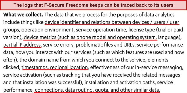 Screenshot of Freedome VPN's privacy policy