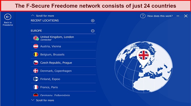 Screenshot of server locations available on F-Secure Freedome VPN