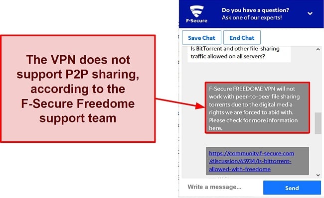 Screenshot showing Freedome VPN doesn't support torrenting