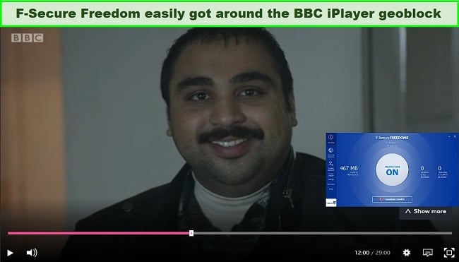 Screenshot of Freedome VPN unblocking BBC iPlayer