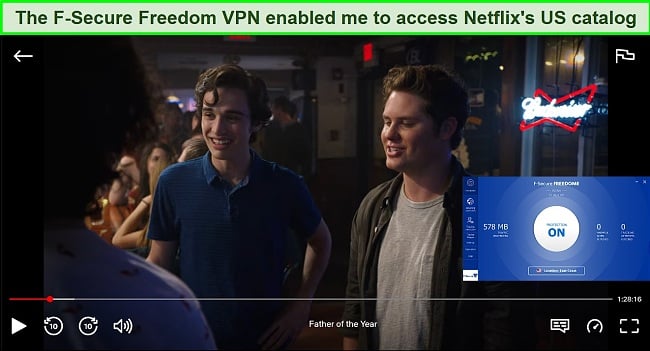 Screenshot of Freedome VPN unblocking US Netflix