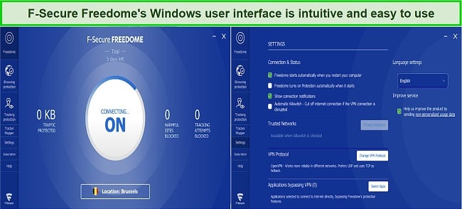 Screenshot showing Freedome VPN windows user interface