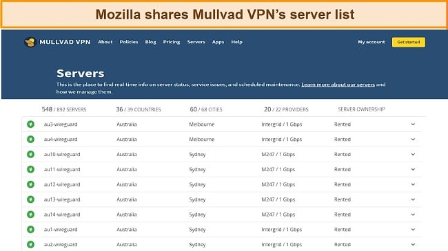 A screenshot of Mullvad VPN's server list, which Mozilla VPN shares