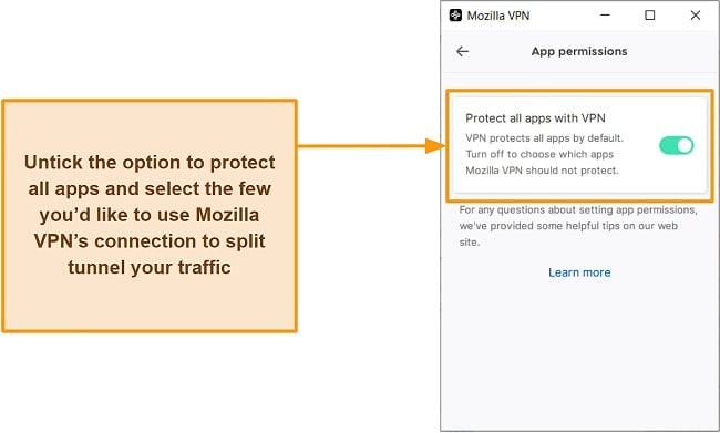 Screenshot of Mozilla VPN's App Permisions settings
