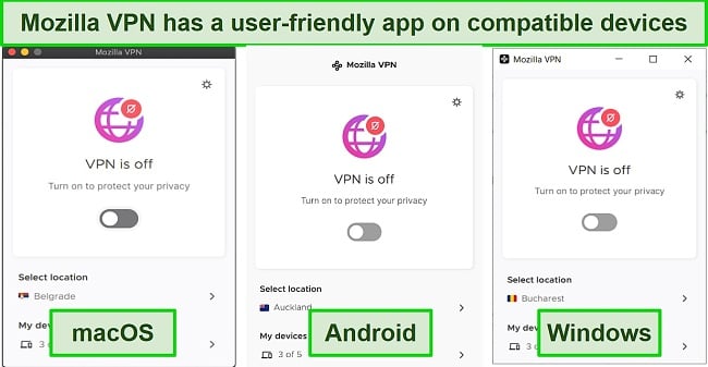 Screenshots of Mozilla VPN interface on macOS, Windows, and Android