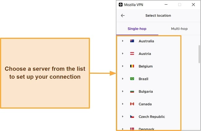 Screenshot of Mozilla VPN's server list