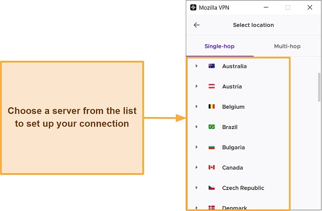 Screenshot of Mozilla VPN's server list