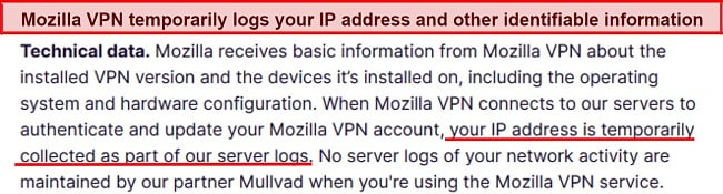 Screenshot of Mozilla VPN's privacy and data collection policies