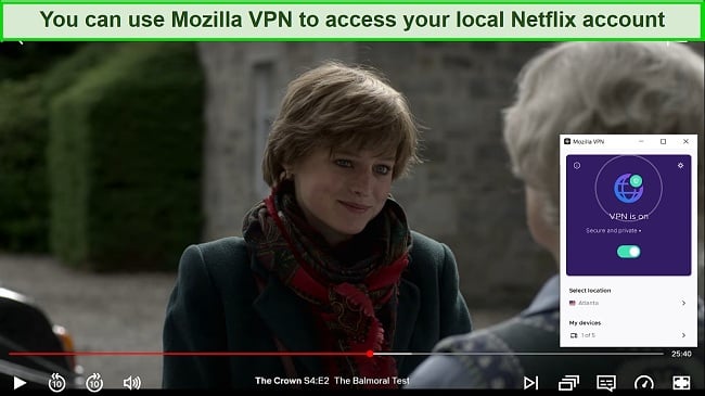 Screenshot of Mozilla VPN unblocking The Crown on Netflix US