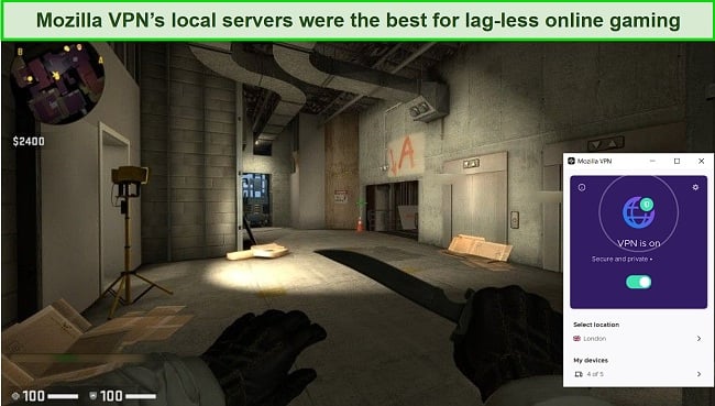 Screenshot of Mozilla VPN working with CS: GO