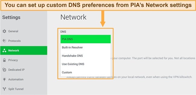 PIA Network settings showing a DNS drop-down menu with multiple options.