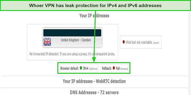 Screenshot of DNS leak test on Whoer VPN