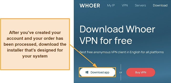 Screenshot of the Windows download page for Whoer VPN