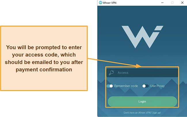 Screenshot of Whoer VPN's login interface