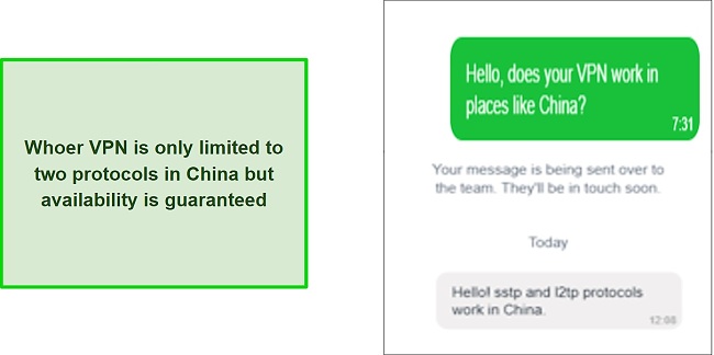 Screenshot of my interaction with Whoer VPN Support that confirms that the VPN is operational in China