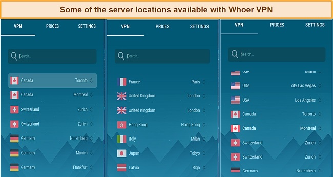 Screenshot of Whoer VPN's servers sorted by region and country