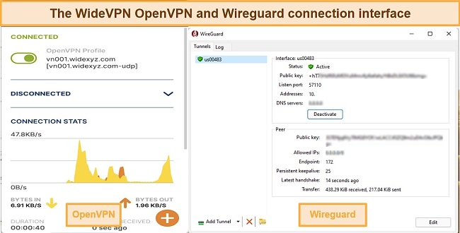 Screenshot showing the user interface after connecting to WideVPN servers