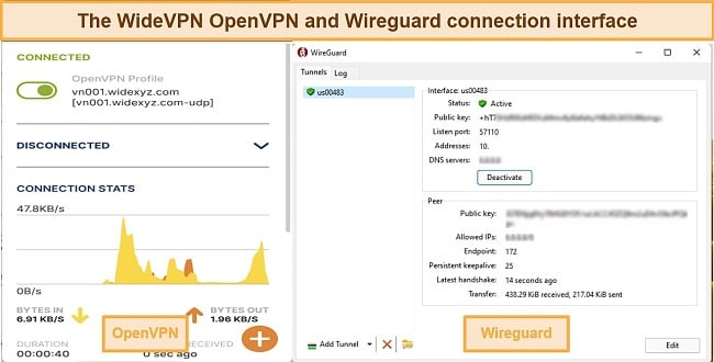 Screenshot showing the user interface after connecting to WideVPN servers