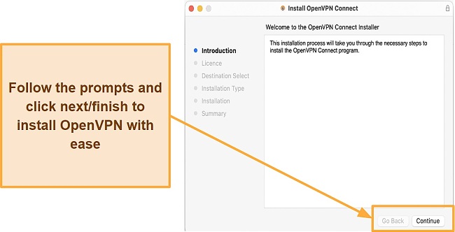 Screenshot illustrating the process of installing the OpenVPN Connect for macOS client