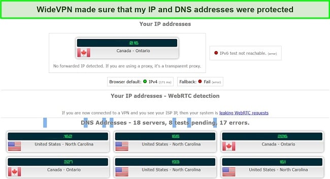 Screenshot of leak test results while using WideVPN