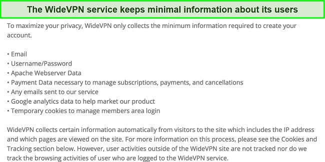 Screenshot of an excerpt from WideVPN's privacy statement