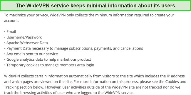 Screenshot of an excerpt from WideVPN's privacy statement