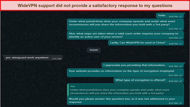 Screenshot of my Whatsapp conversation with WideVPN support representative