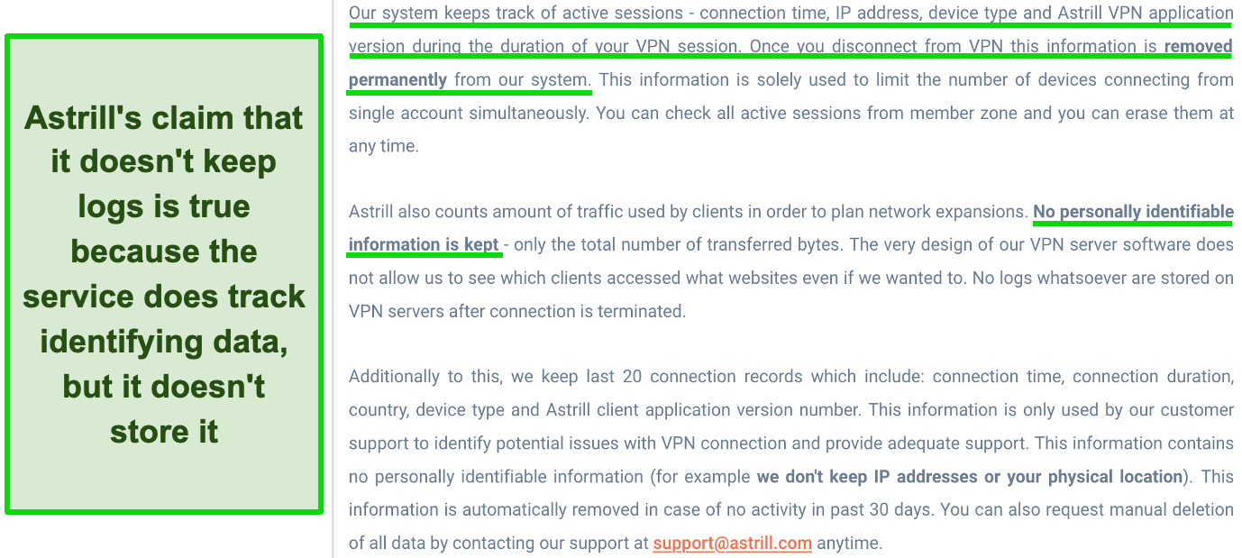 Screenshot of a section from Astrill VPN's privacy statement