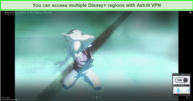 Screenshot of Astrill VPN connected to a Los Angeles server and unblocking Disney+