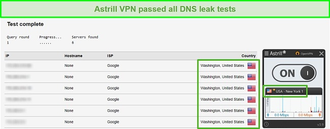 Screenshot of Astrill VPN successfully passing DNS leak tests