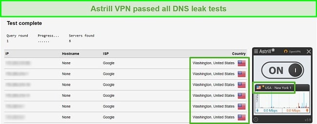 Screenshot of Astrill VPN successfully passing DNS leak tests