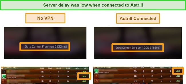 Screenshot of Apex Legends and Rocket League pings when disconnected and connected to a local Astrill VPN server
